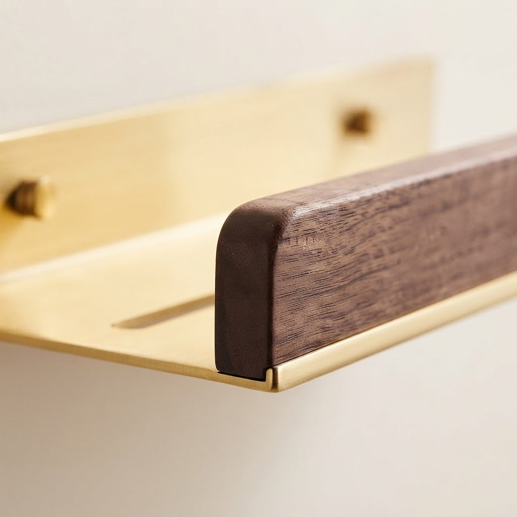 Walnut wood floating shelf end cap detail with light gold mounting back