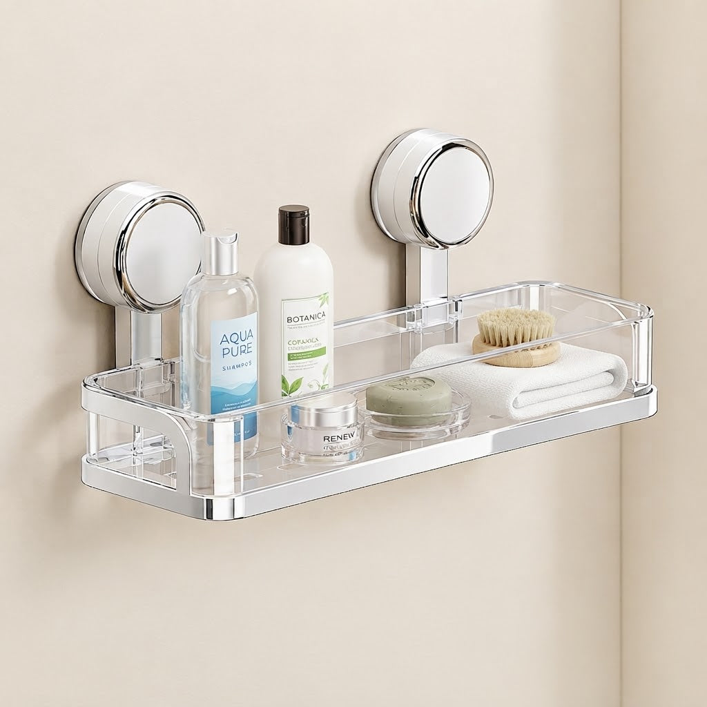Korva suction-cup shower caddy with clear acrylic shelf holding bottles and soap dish, 1 tier.