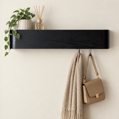 Wall-mounted concealed hook rail with dark wood top and hidden hook slots