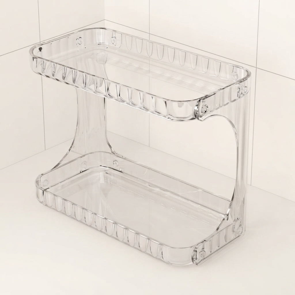 Clear acrylic bathroom countertop organiser with two shelves and side handle openings