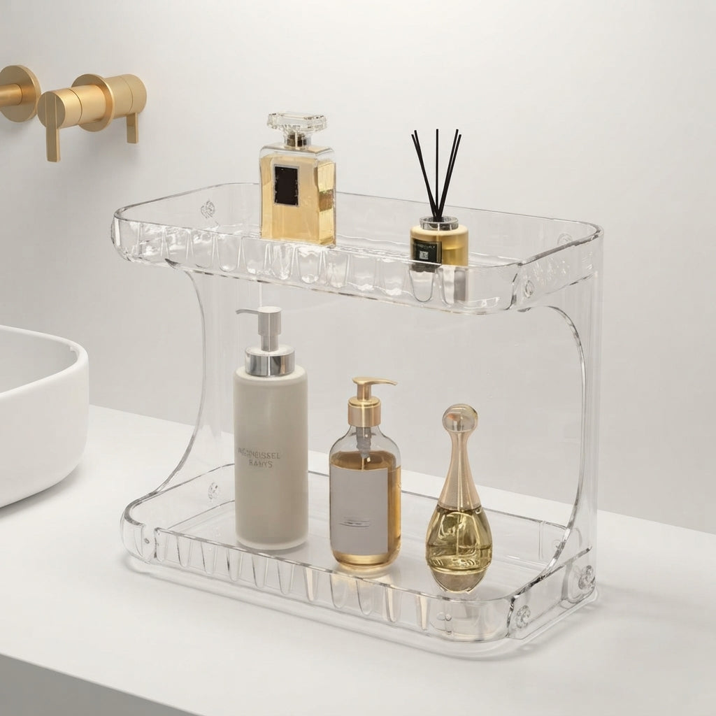 Clear acrylic bathroom countertop organiser with two-tier storage and front bottle slots