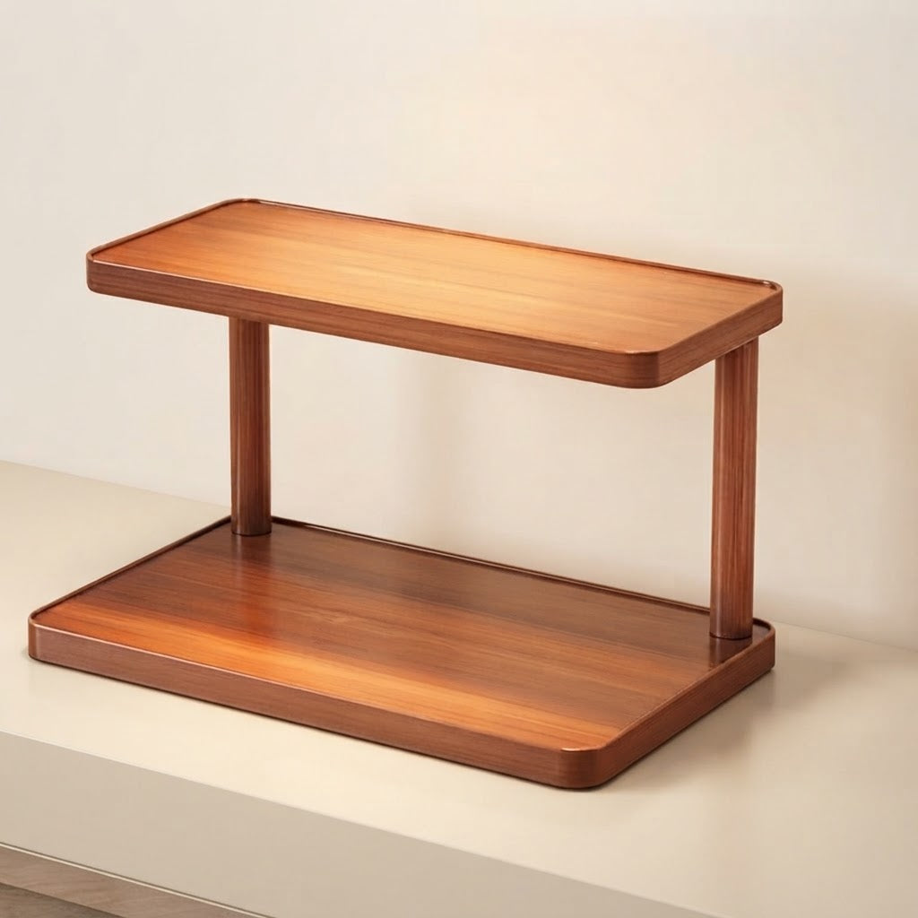 Light brown bamboo two-tier countertop shelf with rounded edges and open platforms.