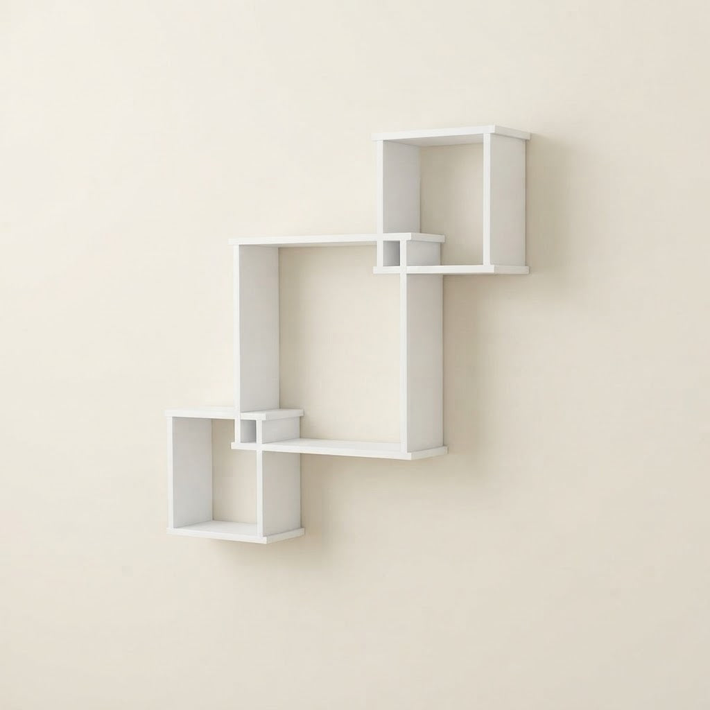 White wall-mounted cube shelf set with three levels of open compartments