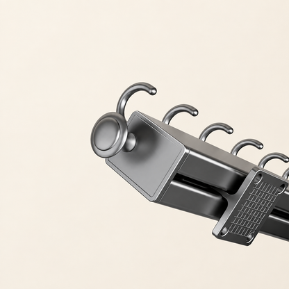 Grey pull-out sliding hook rail with rounded hooks and mounting base, close-up