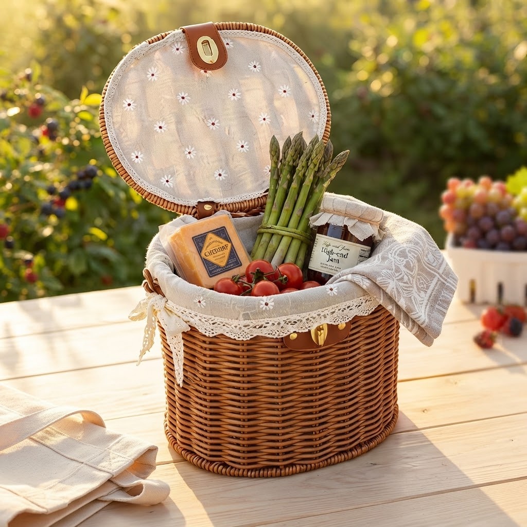 Faux rattan picnic basket with white cloth lining and arched handle, open top