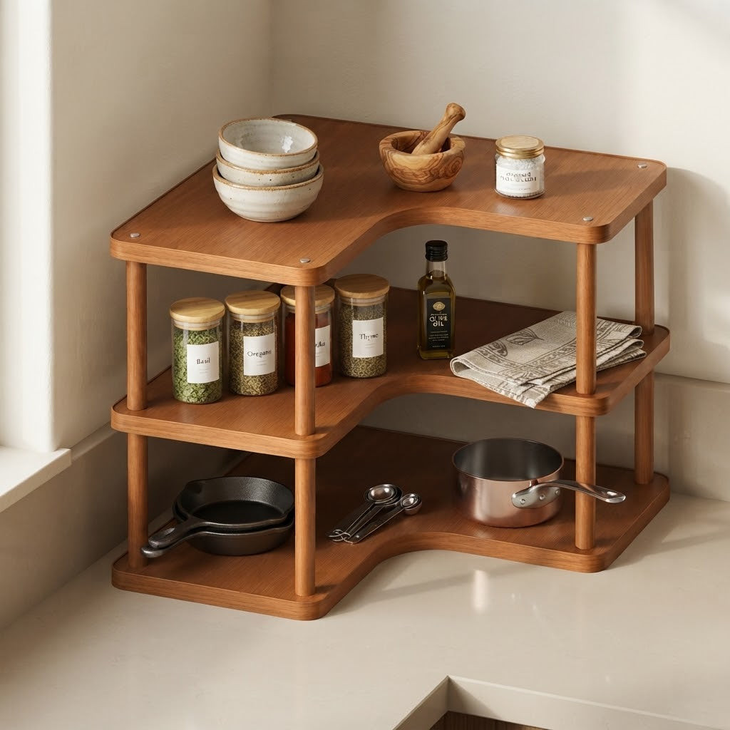 Bamboo kitchen corner worktop rack with three tiers for jars, cookware, and utensils