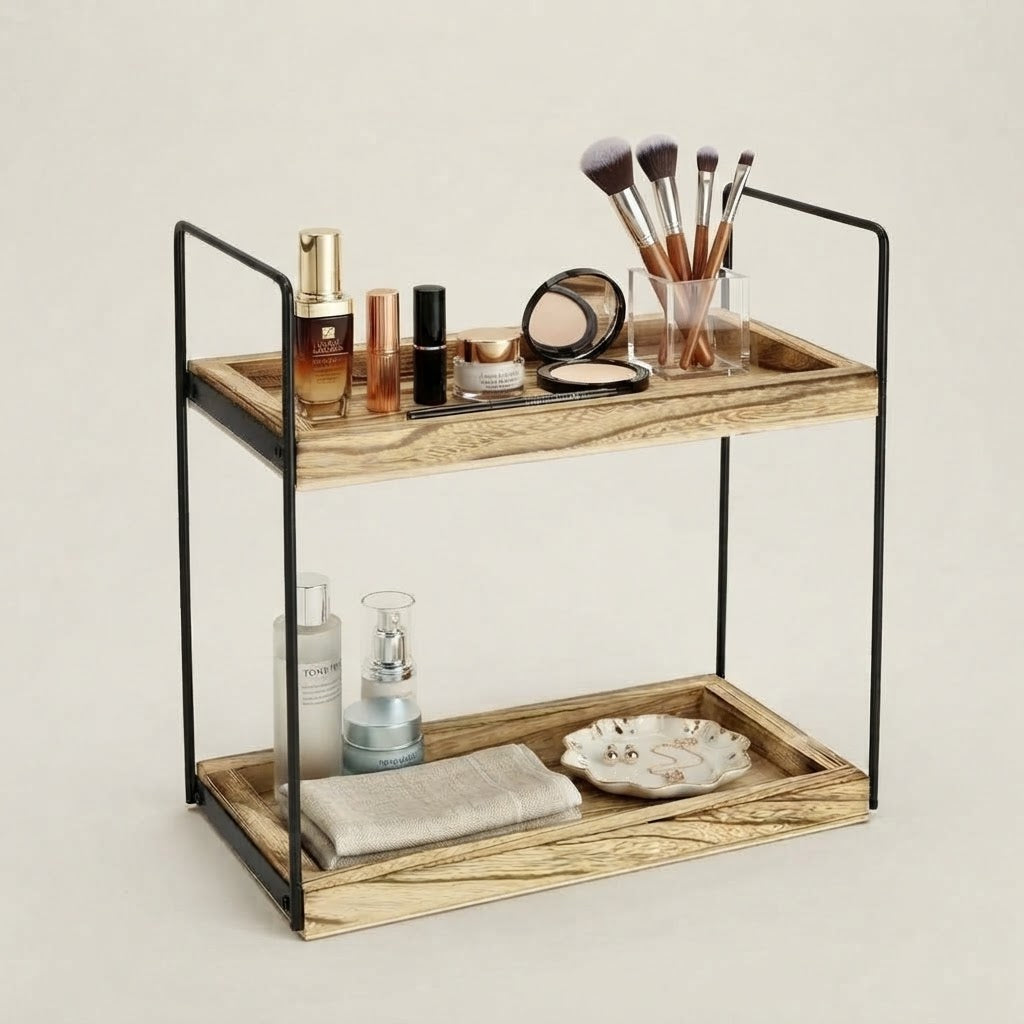 2-tier wooden rack with black metal frame, top and bottom open shelves