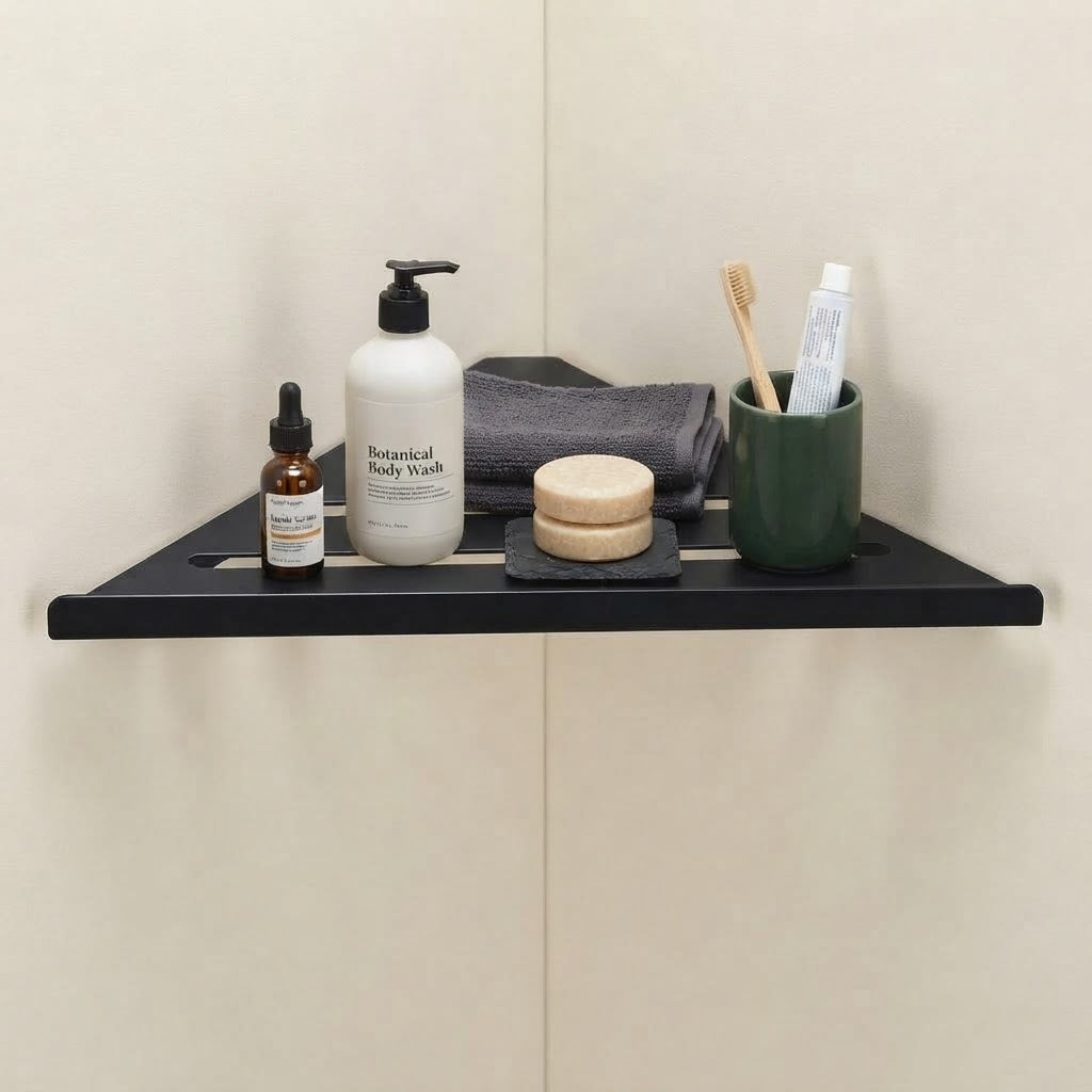 Black stainless steel slatted corner shelf with three bar openings.