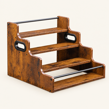 Angled view of rustic wood tiered organiser with black handle cutouts and metal support rods