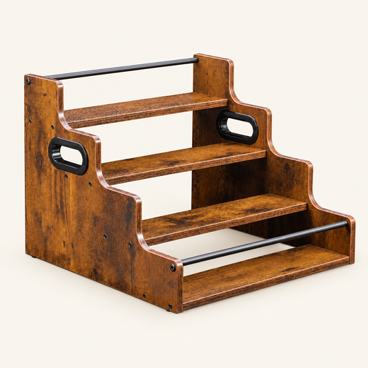 Angled view of rustic wood tiered organiser with black handle cutouts and metal support rods