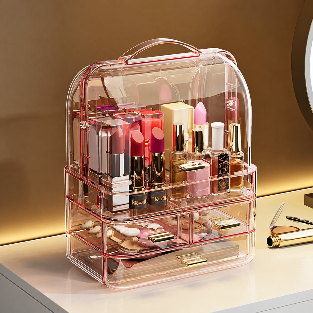Multi-tier lidded makeup organizer with clear drawers and hinged lid, cosmetics displayed inside