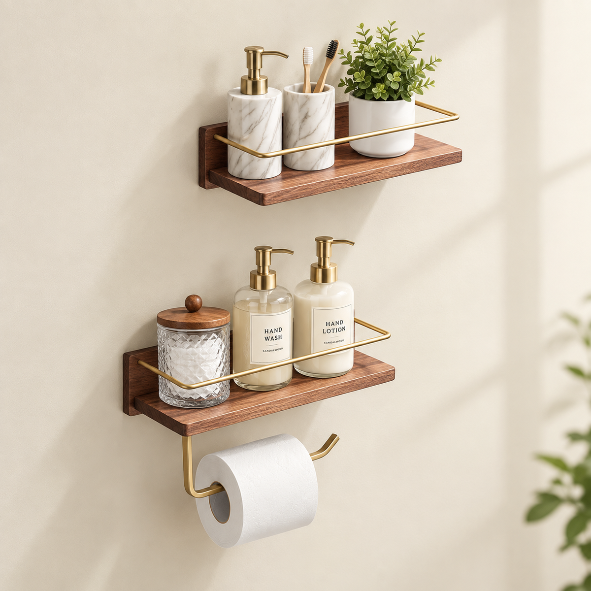 Brown solid wood floating shelf set with gold-tone rail, hooks, and bathroom accessories