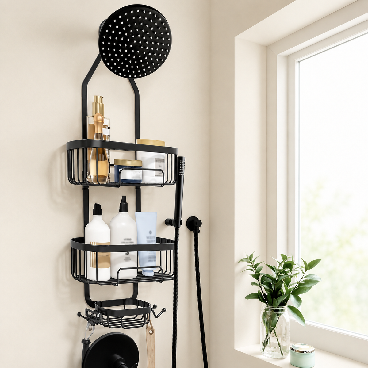 Black hanging shower caddy with two-tier wire baskets and removable hooks
