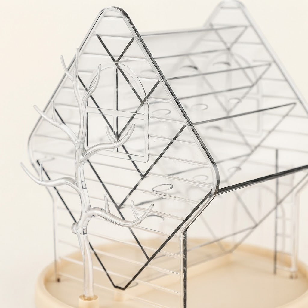 Clear hexagon rotating makeup and jewelry organizer stand with hanging hooks