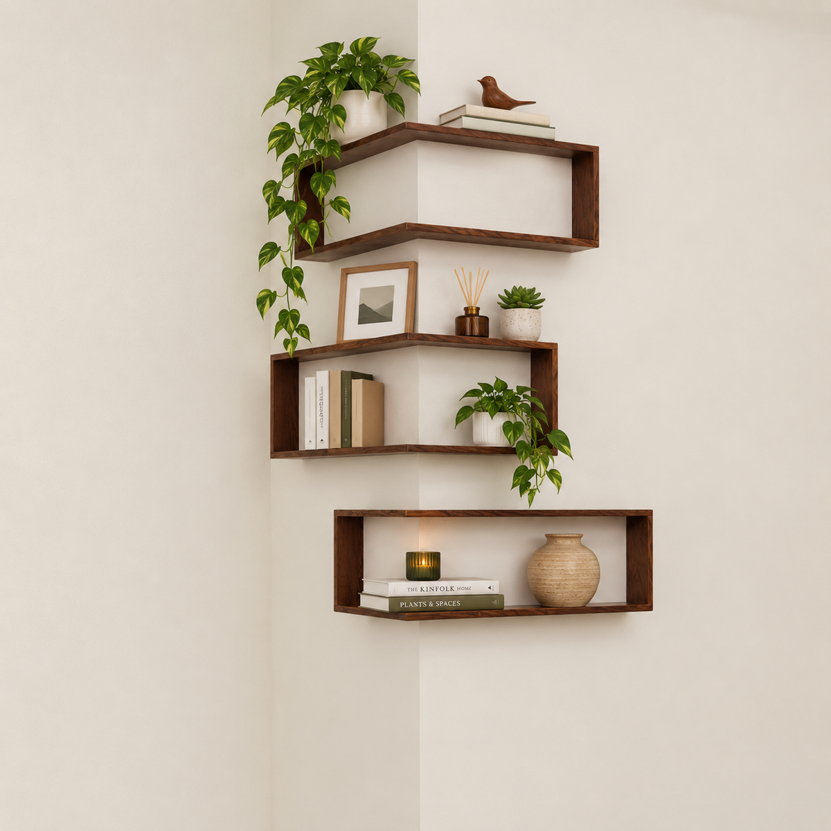 Dark brown corner floating wooden shelf set with stepped tiers and book display