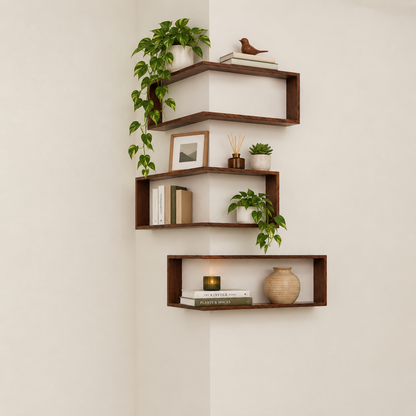 Dark brown corner floating wooden shelf set with stepped tiers and book display