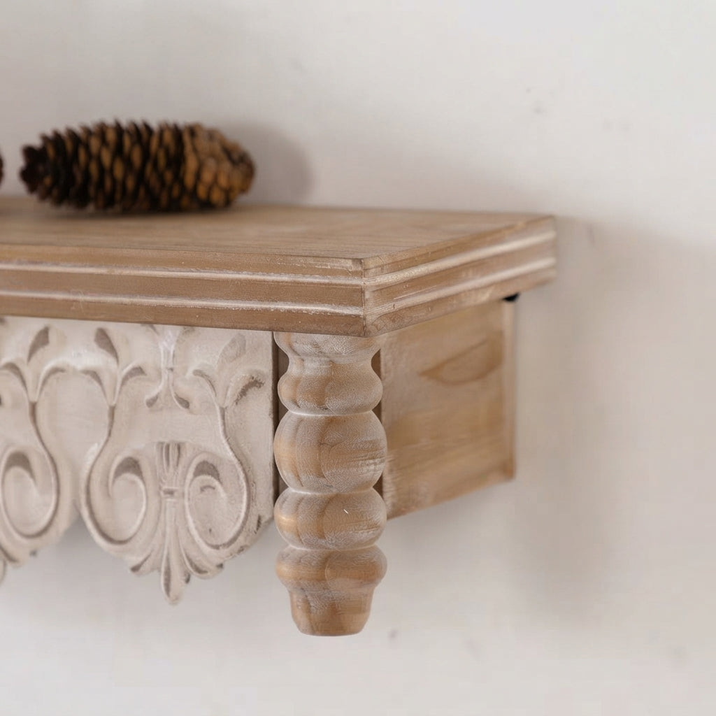 Carved wooden floating wall shelf corner detail with spherical turned post