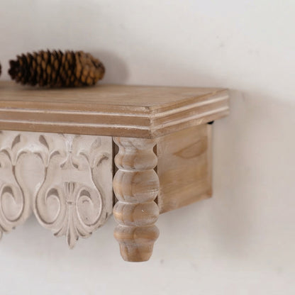 Carved wooden floating wall shelf corner detail with spherical turned post