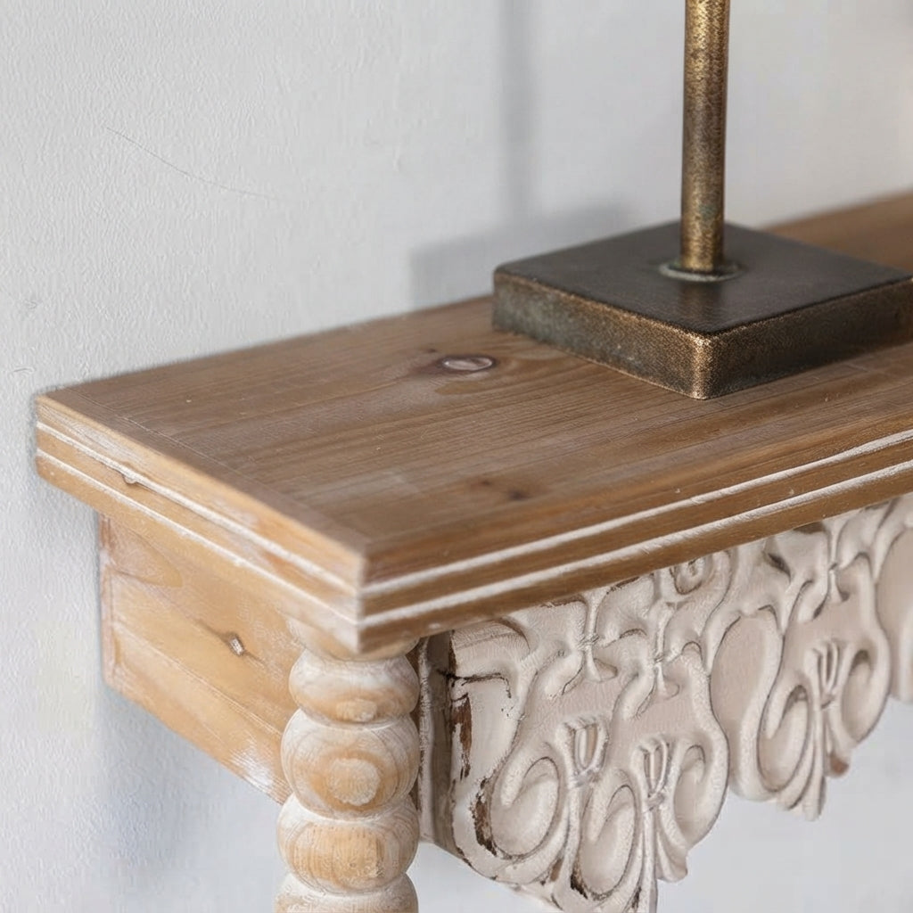 Carved wooden wall shelf with rounded corner posts and floral lattice trim