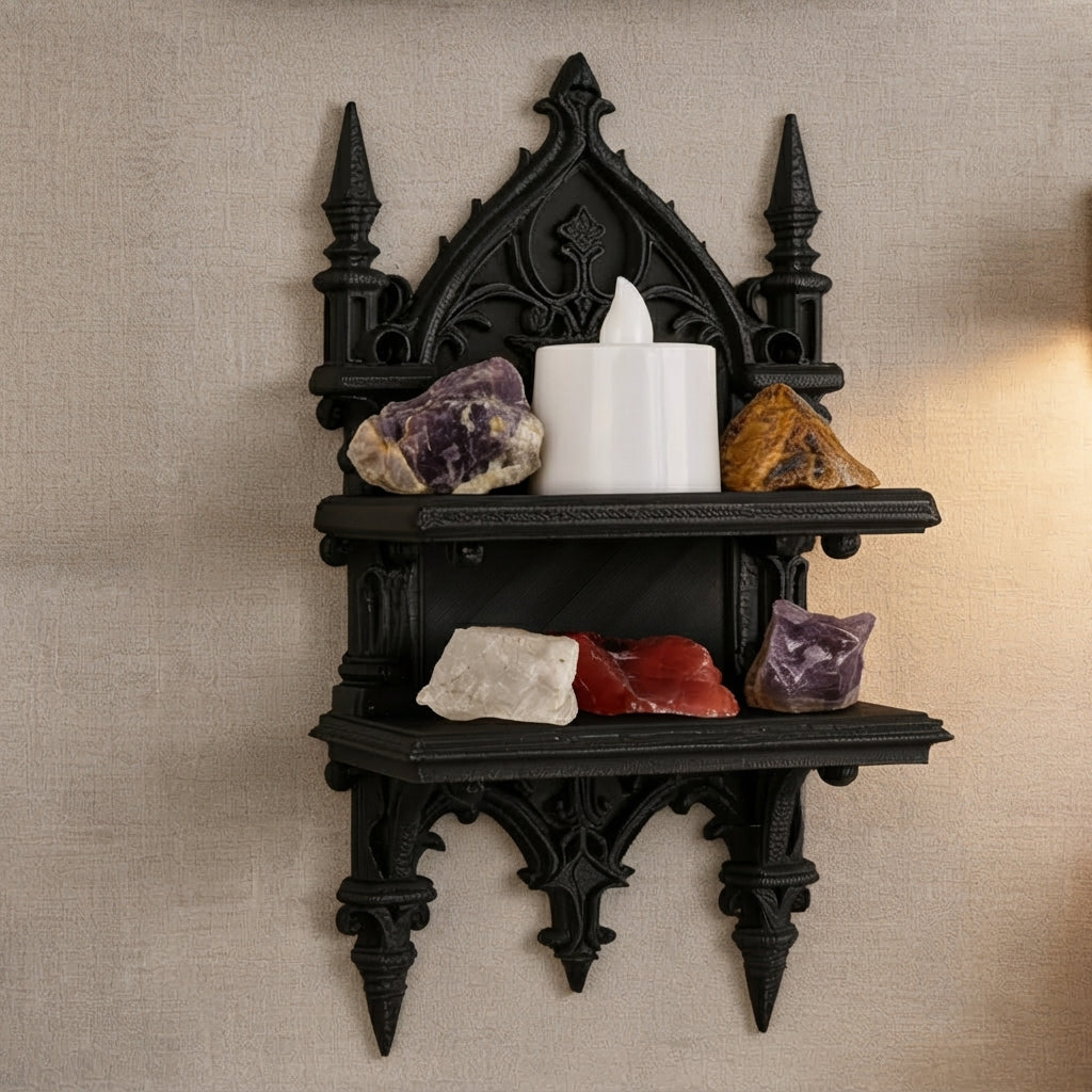 Two-tier gothic wall shelf with arched crest, candle and colorful gemstones