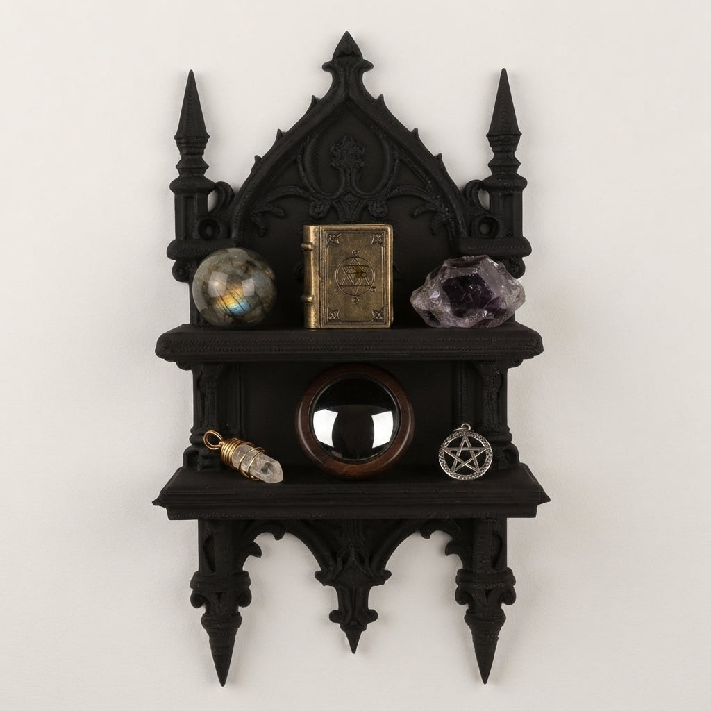 Two-tier gothic wall shelf with arched crest, globe, book, and gemstones