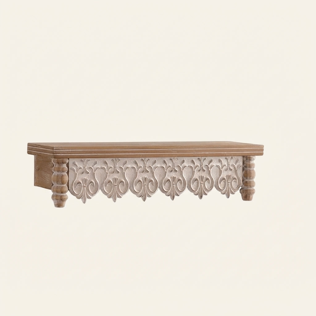 Carved wooden floating wall shelf with scalloped floral carving under the top