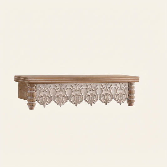 Carved wooden floating wall shelf with scalloped floral carving under the top