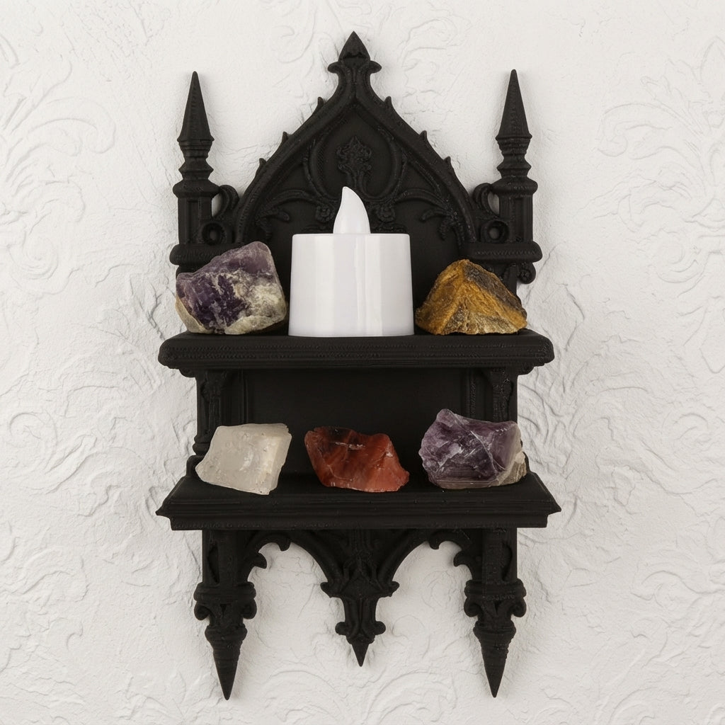 Two-tier gothic wall shelf with arched crest, candle and assorted gemstones