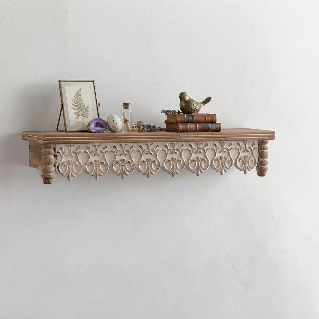Carved wooden floating shelf with floral cutout front and corner turned legs