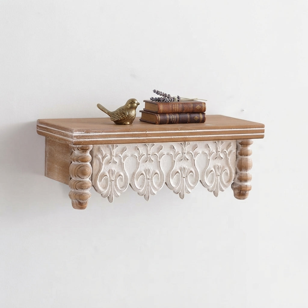 Moroccan-style carved wooden wall shelf with ornate floral front and bird decor