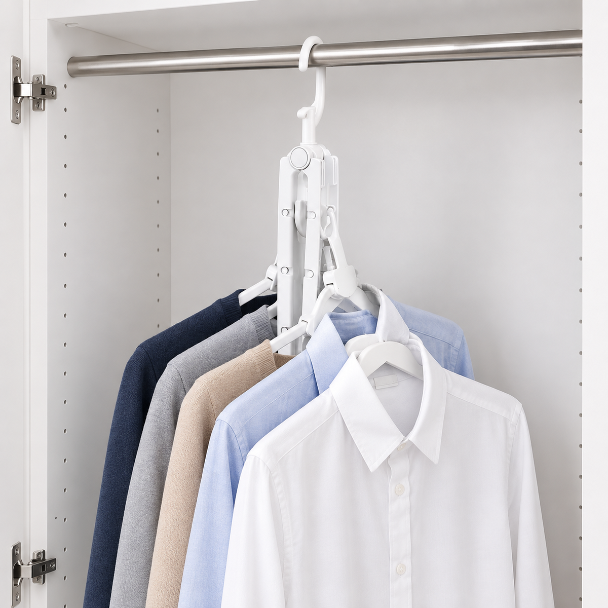 Collapsible multi-arm clothes hanger with hook and white garment clips