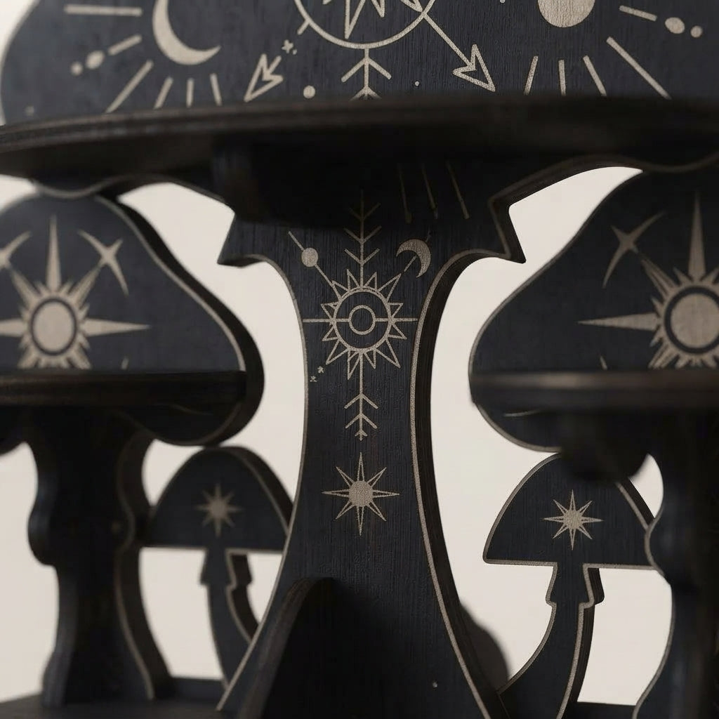 Black wall-mounted wooden mushroom shelf with gold star and moon details