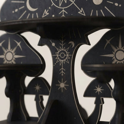 Black wall-mounted wooden mushroom shelf with gold star and moon details