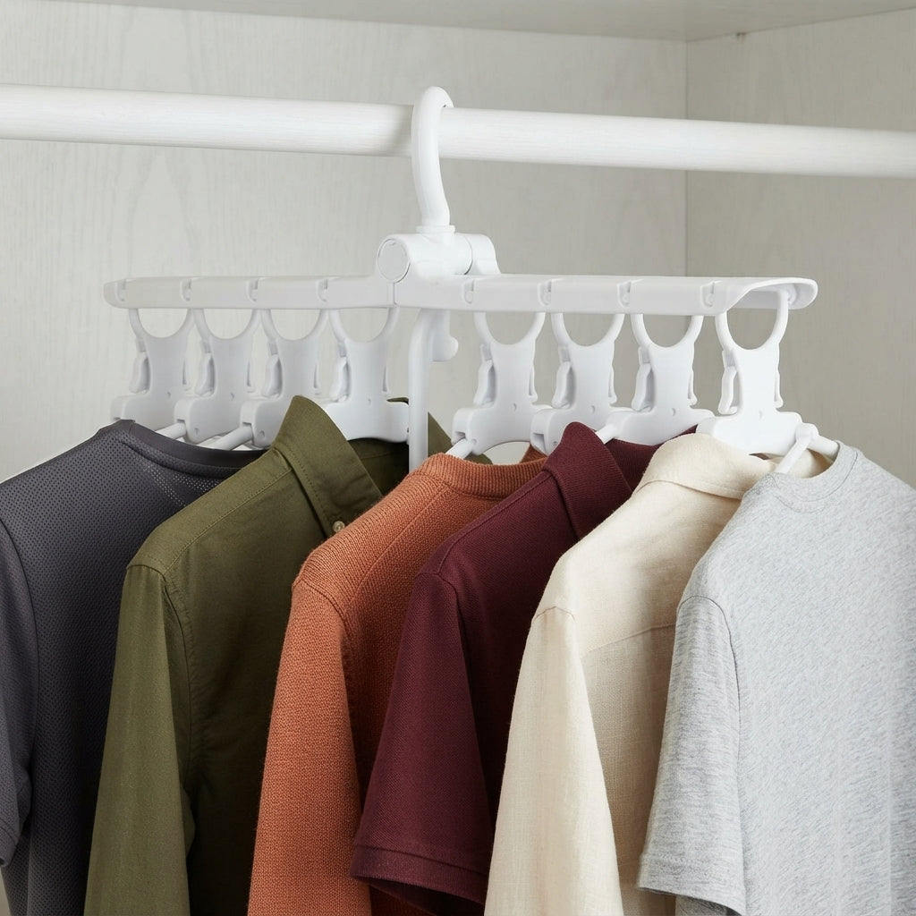 Multi-arm clothes hanger holding shirts in olive, rust, cream, and gray
