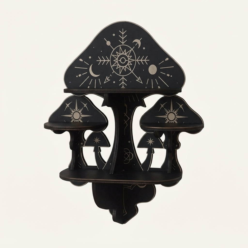 Black wall-mounted wooden mushroom shelf with three cutout shelves and gold star artwork