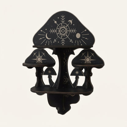 Black wall-mounted wooden mushroom shelf with three cutout shelves and gold star artwork