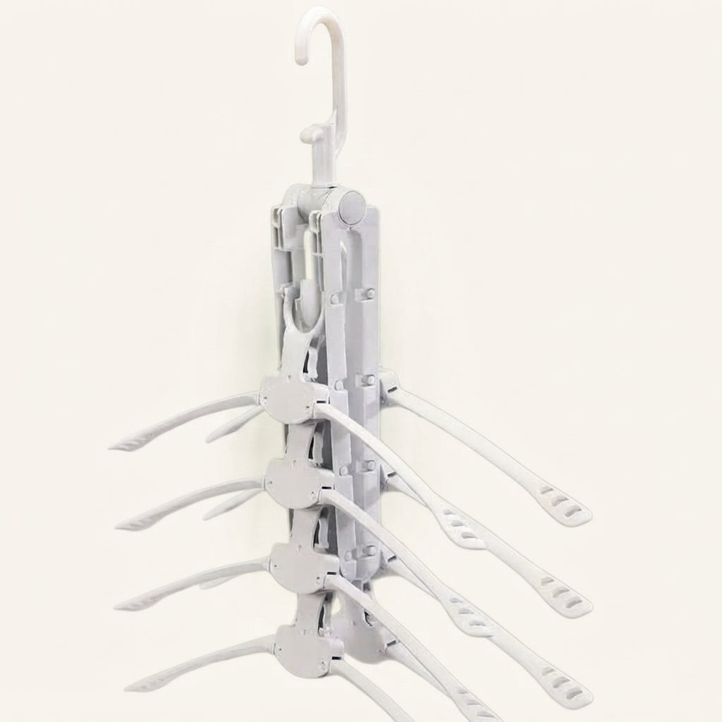 White collapsible multi-arm clothes hanger with folding arms