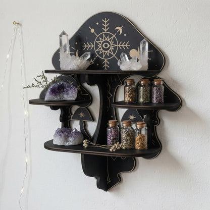 Black 3-tier wooden crystal shelf shaped like a mushroom with gold celestial icons