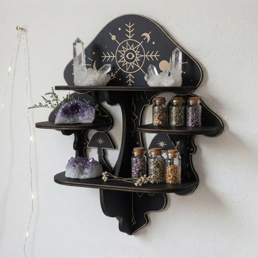 Black 3-tier wooden crystal shelf shaped like a mushroom with gold celestial icons