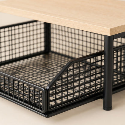 Black pull-out kitchen basket rack corner with wooden top and wire grid base