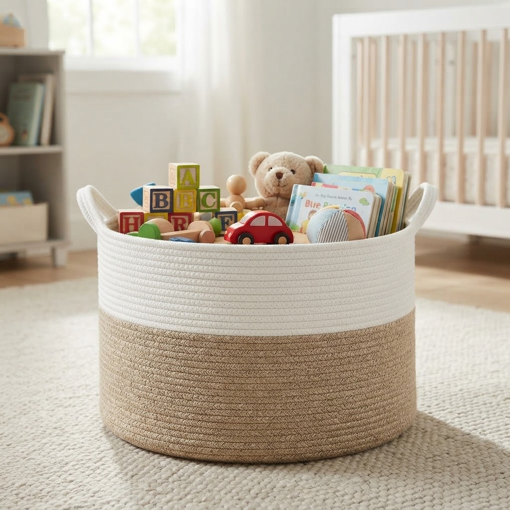 Foldable storage basket with light rope top and tan body, open for books and toys.