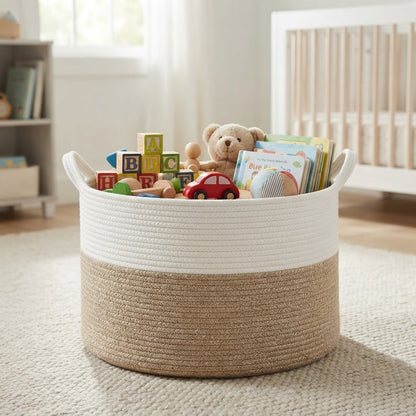 Foldable storage basket with light rope top and tan body, open for books and toys.