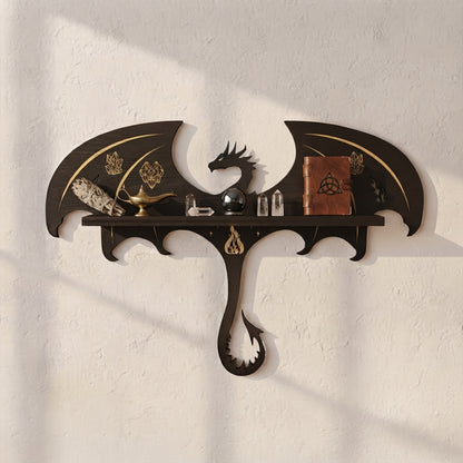 Wooden wall shelf with black dragon motif, gold crescent details, and dangling tail.