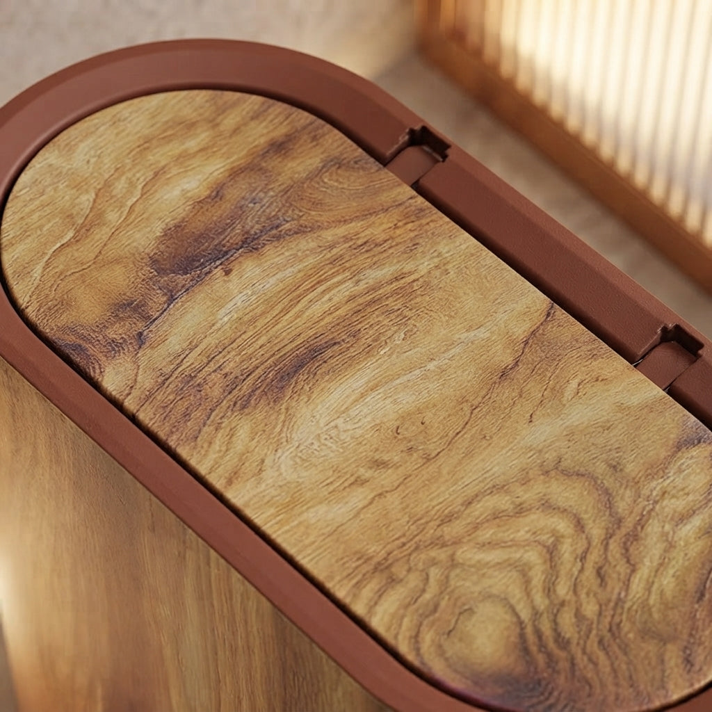 Walnut wood-grain oval pop-up lid on bathroom bin, close-up