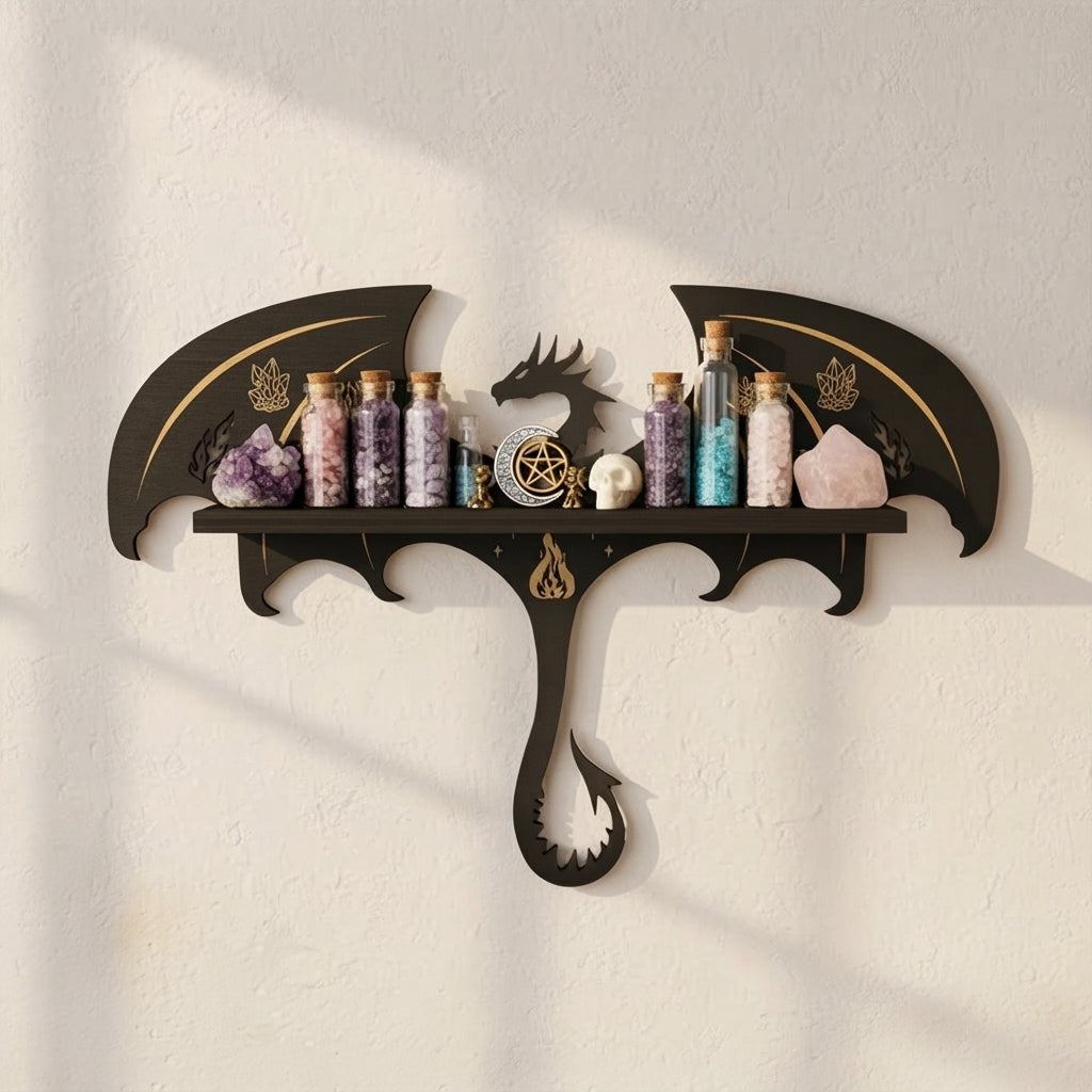 Wooden wall shelf with dragon design, holding small glass crystal jars and containers.