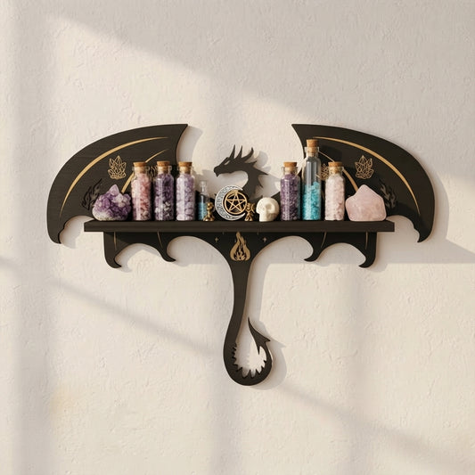 Wooden wall shelf with dragon design, holding small glass crystal jars and containers.