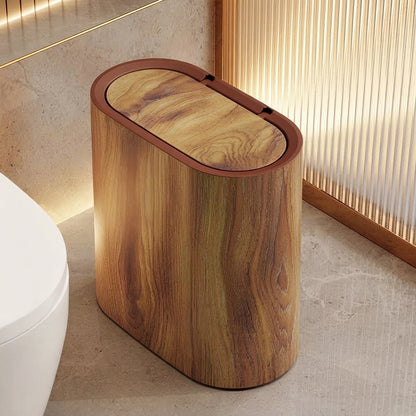 Walnut wood-grain bathroom bin with oval pop-up lid
