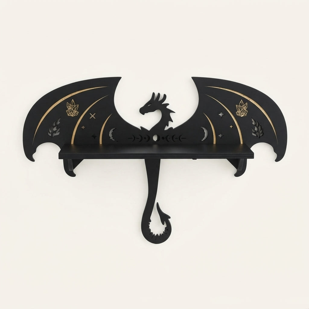 Black wooden wall shelf with dragon silhouette and gold crescent moon ornament.