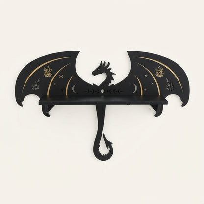 Black wooden wall shelf with dragon silhouette and gold crescent moon ornament.