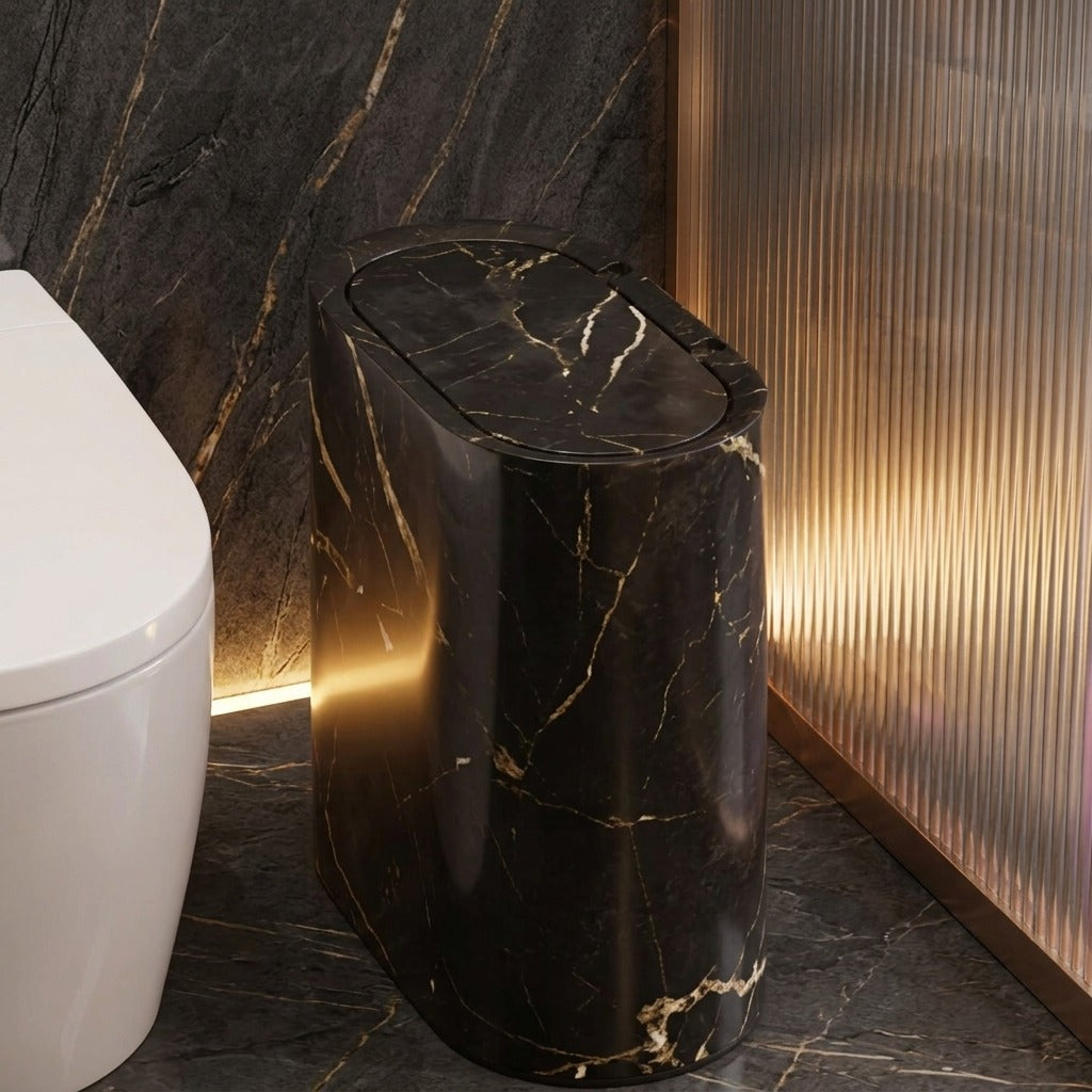 Black marble bathroom bin with raised oval pop-up lid